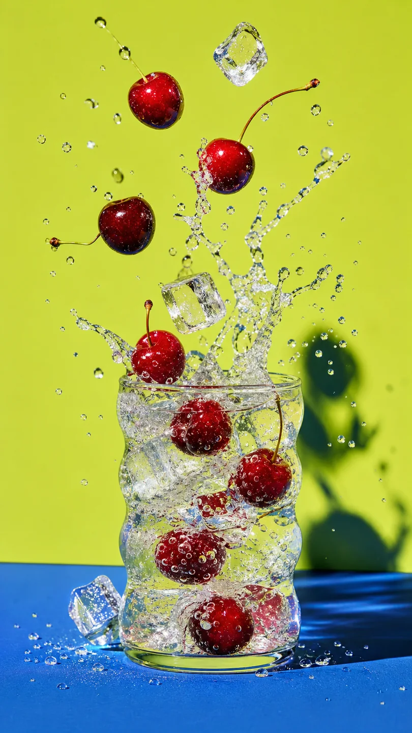 Campagne boisson aux cerises sur fond vif