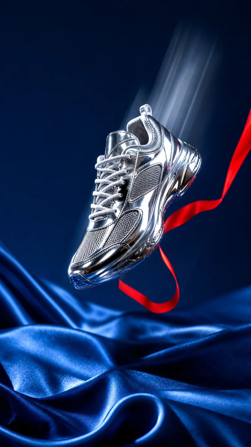 Campagne verticale pour une sneaker argentée